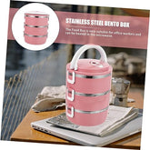 3 Layer Round Lunch Box with Double Handle Pink