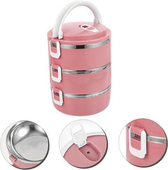 3 Layer Round Lunch Box with Double Handle Pink