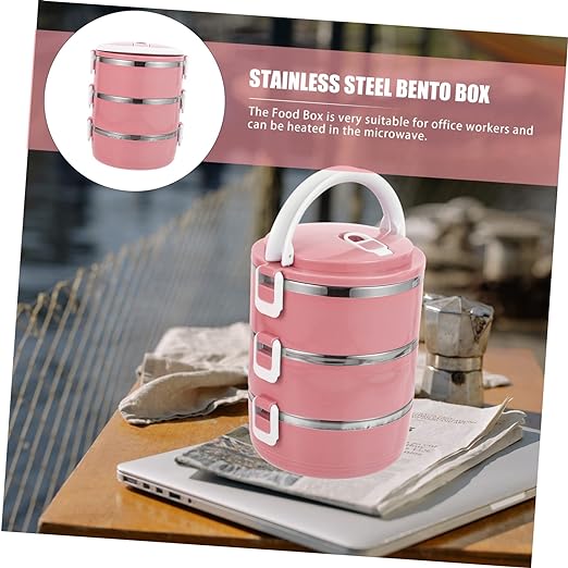 3 Layer Round Lunch Box with Double Handle Pink