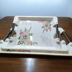 3-Piece Melamine Tray Set featuring sleek steel rod handles #5002