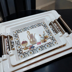 3-Piece Melamine Tray Set featuring sleek steel rod handles #5003