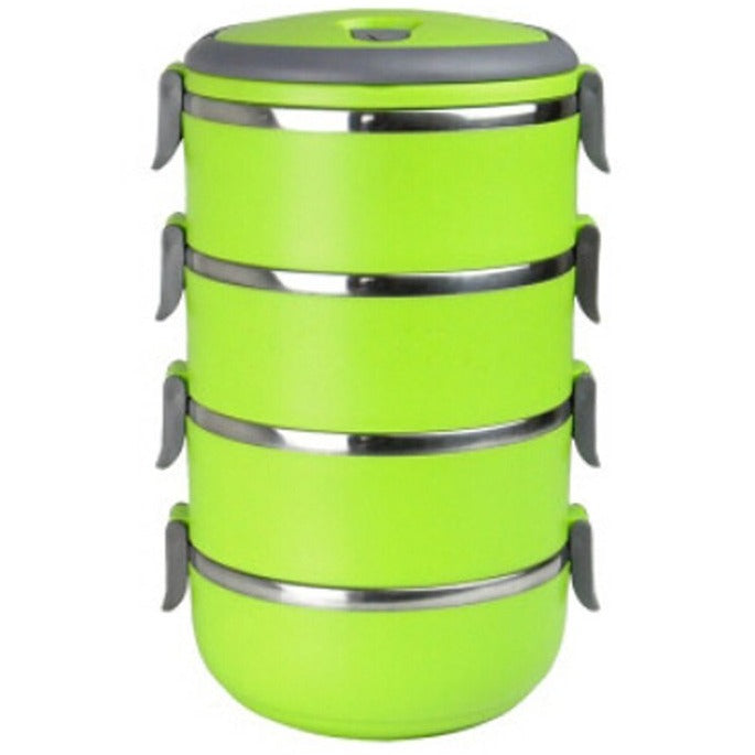 4 Layer Round Lunch Box with Double Handle Green